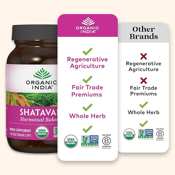 ORGANIC INDIA Shatavari Herbal Supplement - Supports Hormonal Balance, Immune and Inflammatory Response, Vegan, Gluten-Free, USDA Organic, Supports Reproductive Health - 90 Capsules