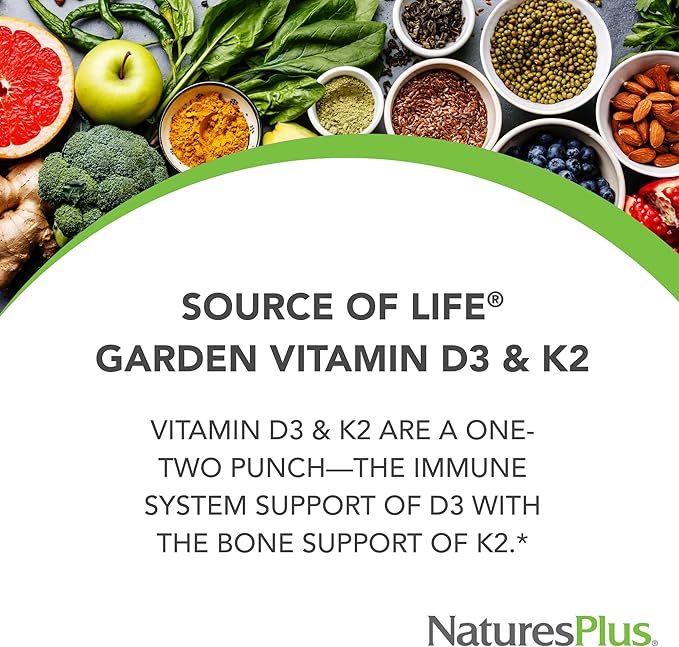 NaturesPlus Source of Life Garden Vitamin D3 & K2 - 60 Capsules - Immune System and Bone Support - USDA Certified Organic, Vegan, Gluten Free - 60 Servings