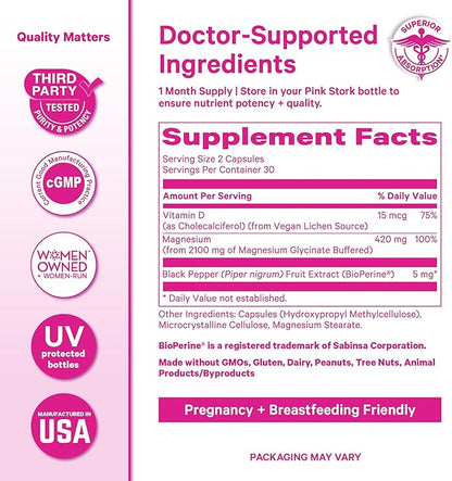 Pink Stork Magnesium Glycinate with Vitamin D - Magnesium Supplement for Women to Support Natural Calm, Mood, and Sleep - Hormone Balance for Women - 60 Capsules, Berry Essence, 1 Month Supply