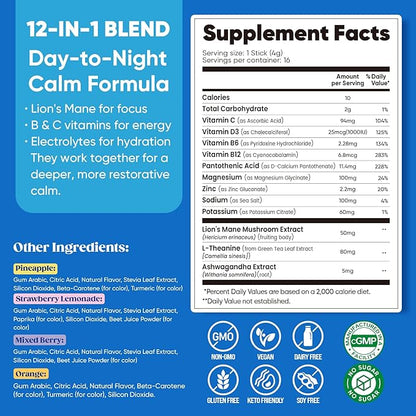 Venture Pal Calm Drink Mix, Cortisol Reducer and Sleep Aid with Magnesium Glycinate, Ashwagandha, L-Theanine,Vitamin D, Calm Magnesium Powder for Relax & Focus, No Sugar, Non GMO, Vegan & Gluten-Free
