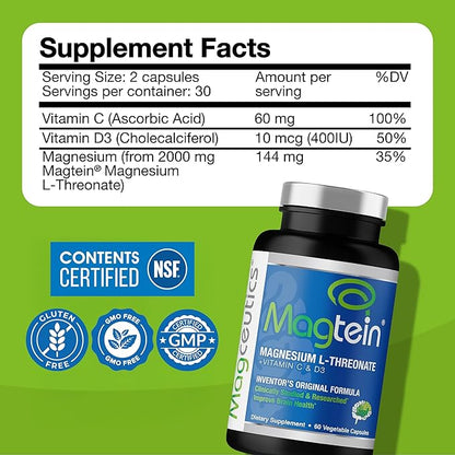 Magtein - Magnesium L-Threonate Supplement, Memory, Focus, Sleep & Brain Health Formula for Men & Women, Cognitive Support for Adults, Clinically Researched - 60 Veg Capsules