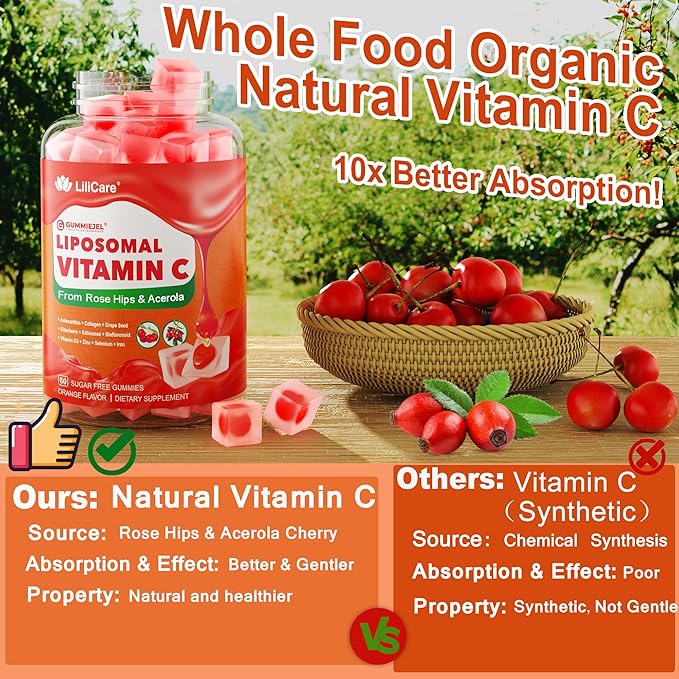 Natural Liposomal Vitamin C 1000mg Gummies for Adults & Kids 9+, Chewable Vitamin C w/ 11mg Zinc, D3, Elderberry, Echinacea, , Bioflavonoid, Immune Support, Whole Food VIT C from Fruits, Sugar Free