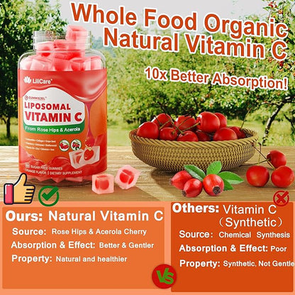 Natural Liposomal Vitamin C 1000mg Gummies for Adults & Kids 9+, Chewable Vitamin C w/ 11mg Zinc, D3, Elderberry, Echinacea, , Bioflavonoid, Immune Support, Whole Food VIT C from Fruits, Sugar Free