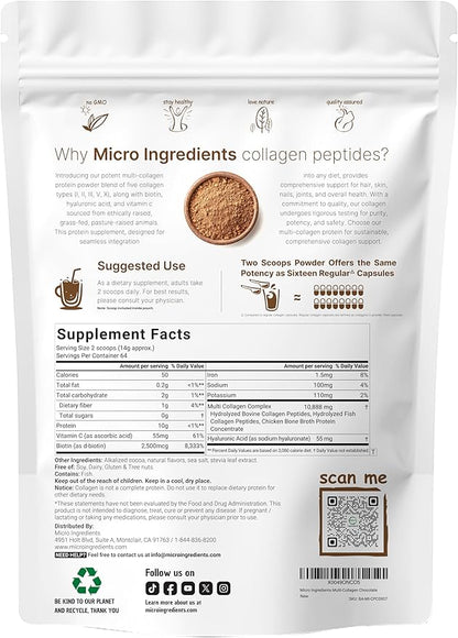 Micro Ingredients Multi Collagen Peptides Powder, 2lb | Type I, II, III, V, X + Biotin, Vitamin C & Hyaluronic Acid | Chocolate Flavor | Supports Hair, Skin & Joint Health | Keto, Non-GMO