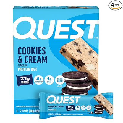 Quest Nutrition Cookies & Cream Protein Bars, 21g Protein, 4g Net Carbs, 1g Sugar, High Fiber, Gluten Free, Keto Friendly, 4 Count