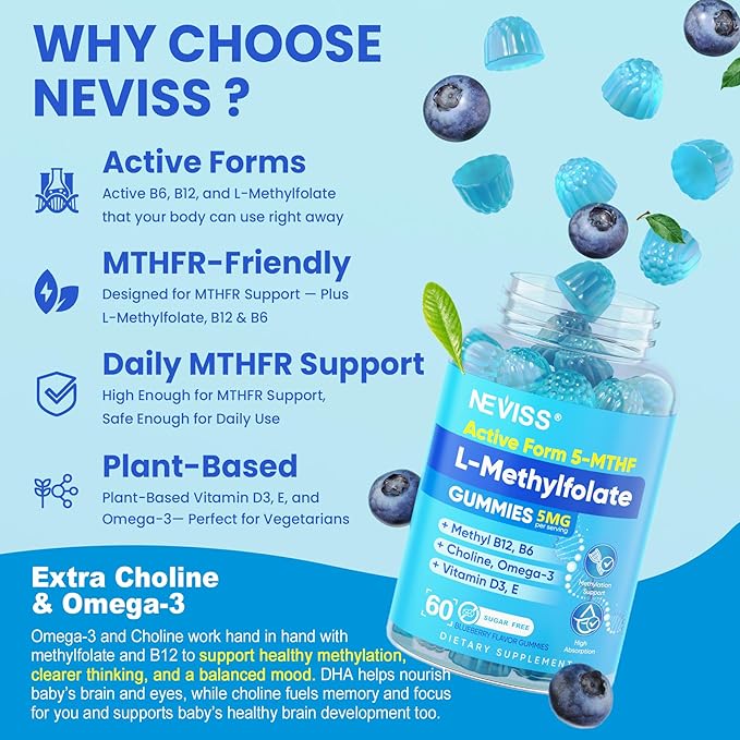 L Methylfolate Gummies & Methyl B12, Active 5-Mthf Methylated Folate 5mg Supplement for Women Men w/Methyl B Complex,Choline,Magesium,Omega-3,Methyl Folate for Methylation,Focus,Mood,Sugar Free,2Pack