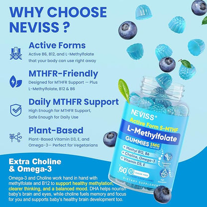 L Methylfolate Gummies & Methyl B12, Active 5-Mthf Methylated Folate 5mg Supplement for Women Men w/Methyl B Complex,Choline,Magesium,Omega-3,Methyl Folate for Methylation,Focus,Mood,Sugar Free,2Pack