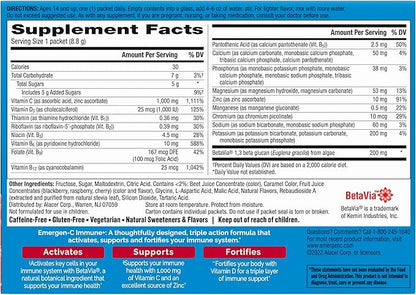 Emergen-C Immune+ Triple Action Immune Support Powder, BetaVia (R), 1000mg Vitamin C, B Vitamins, Vitamin D and Antioxidants, Raspberry – 30 Count