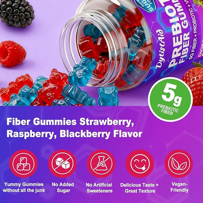 Prebiotic Fiber Gummies, 5g Fiber per Serving, 2 Billion CFU Bacillus Coagulans + Vitamin D3, Sugar Free Pectin Mixed Berry Gummies, Inulin (FOS) + Acacia + Apple Pectin, 120 Gummies (60 Servings)