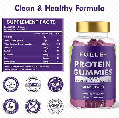 Protein Gummies – 12g High Protein Snack, Grape Twist Flavor, No Added Sugar, Whey Protein Gummies, Supports Muscle Recovery, Post Workout Supplement (60 Gummies)