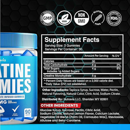 Creatine Gummies Infused with 5g Creatine Monohydrate for Men and Women, Strength, Endurance, Muscle Instantized Creatine, Micronized Clean HCL Balanced Creatina Monohidratada en Polvo (90 Gummies)