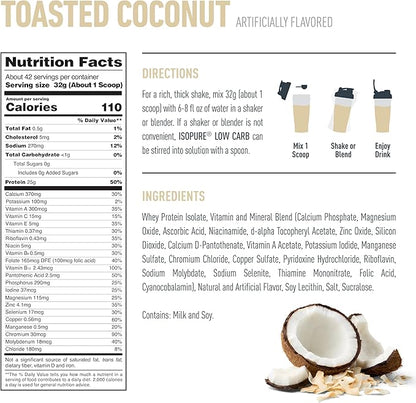 Isopure Low Carb 100% Pure Whey Isolate Protein Powder, Gluten Free, With Vitamins, Toasted Coconut, 25g Protein Per Serving, 3 Lbs, 42 Servings (Packaging May Vary)