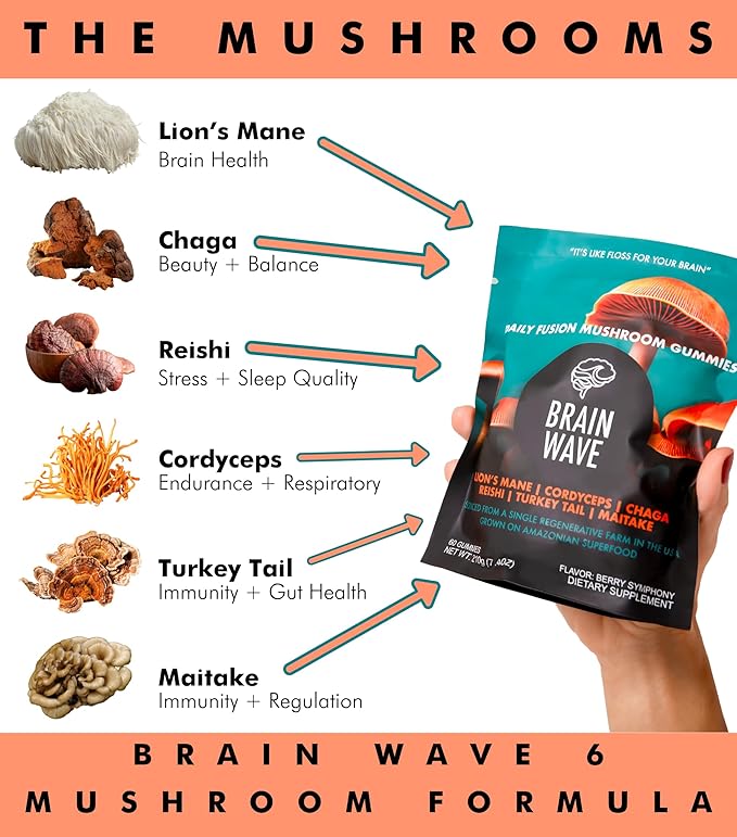 Superfood Mushroom Gummies | Delicious Daily Multi Lions Mane Mushroom Gummy Supplement 2,008 mg | Reishi Mushroom + Cordyceps + Turkey Tail + Chaga + Maitake | Mushroom Gummies for Focus and Energy