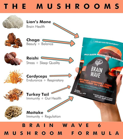 Superfood Mushroom Gummies | Delicious Daily Multi Lions Mane Mushroom Gummy Supplement 2,008 mg | Reishi Mushroom + Cordyceps + Turkey Tail + Chaga + Maitake | Mushroom Gummies for Focus and Energy