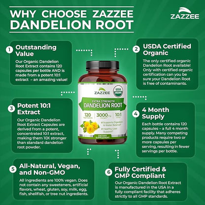 Zazzee USDA Organic Dandelion Root 10:1 Extract, 120 Capsules, 4 Month Supply, Liver & Detox Support, Taraxacum Officinale, Organic Herbal Supplement, All-Natural, Non-GMO, Made in the USA