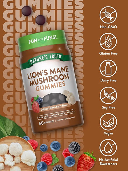 Nature's Truth Lion's Mane Gummies for Adults | 60 Count | Mixed Berry Flavor | Vegan, Non-GMO, & Gluten Free Supplement