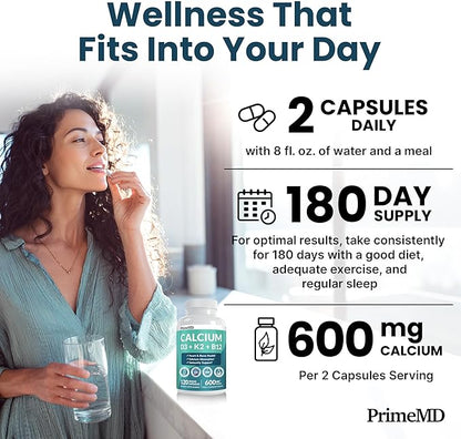 4-in-1 Calcium Supplements for Women and Men - Calcium with Vitamin D3 K2 5000 IU Supplement, 600mg per Serving - Gluten-Free, Vegan-Friendly (120 ct)