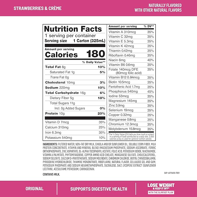 SlimFast Meal Replacement Shake, Original Strawberries & Crème, No Added Sugar, Meal Replacement Shakes, 10g Ready to Drink Protein, 5g Fiber, 25 Vitamins and Minerals, 11 Fl. Oz, 12 Count (Pack of 2)