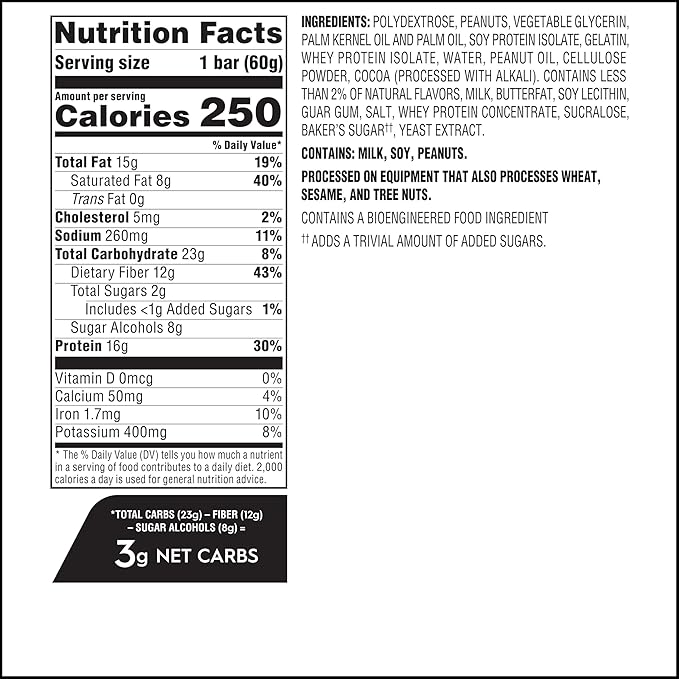 Atkins Chocolate Peanut Butter Protein Meal Bar, High Fiber, 16g Protein, Low Sugar, 3g Net Carb, Low Carb, Keto Friendly, 12 Count