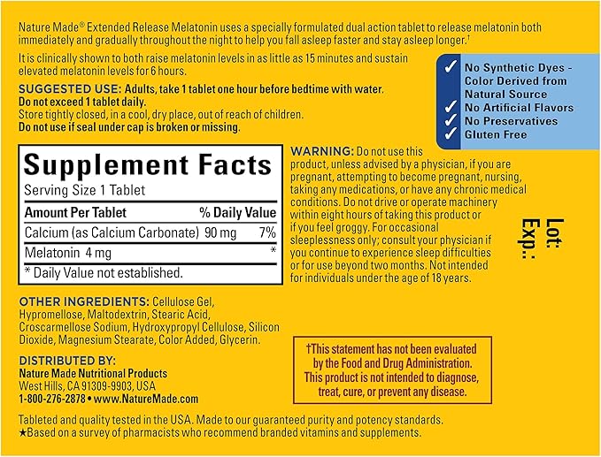 Nature Made Melatonin 4mg Extended Release Tablets,Sleep Supplements for Adults,100% Drug Free Sleep Aid,90 Day Supply,90 Count (Pack of 2)