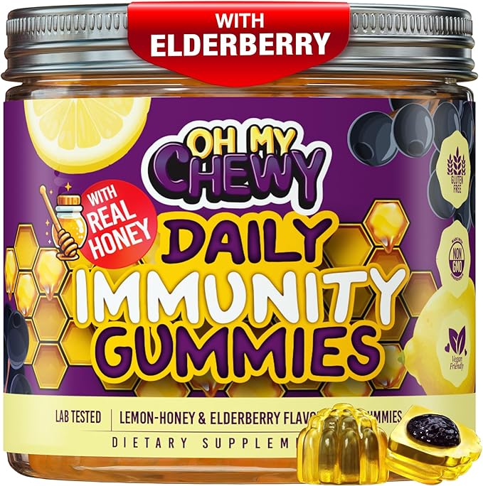 OH MY CHEWY Elderberry Gummies Immunity Support - Real Honey and Lemon Immune Supplement for Kids & Teens with Vitamin C, Echinacea, and Zinc - 60 CT