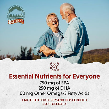 Barlean's Ideal Omega 3 Nutritional Supplement Softgels with 1,000mg EPA/DHA for Heart, Mind, and Mood - Certified Sustainable Seafood, Pharmaceutical Grade - 30-Count