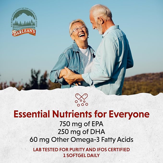 Barlean's Ideal Omega 3 Fish Oil Supplement, 1,000 mg Softgels, Pharmaceutical Grade EPA & DHA for Brain, Joint, & Heart Health, Orange Flavor, 60 ct