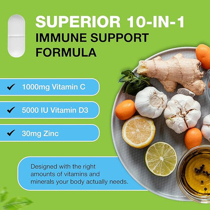 10 in 1 Immune System Support Supplement - Vitamin C (1000 mg), Quercetin, Vitamin D3 (5000iu), Zinc (40 mg), Elderberry, Echinacea, Turmeric, Ginger, Garlic, Black Pepper