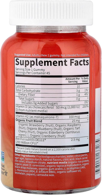 Garden of Life Vitamin Vitamin Code D3 + K2 Gummies with Prebiotics & Probiotics for Digestion, 2000 IU Vitamin D3 + 100 mcg K2 for Bone & Immune Health for Adults, 45 Raspberry Lemon Gummies