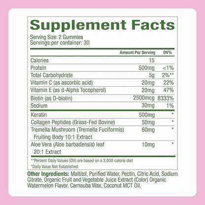 Plant People WonderBeauty Hair, Skin & Nails Rejuvenation Gummies with Tremella Mushroom, Collagen Peptides, Keratin, & Biotin – Watermelon Flavor, 60 Gummies