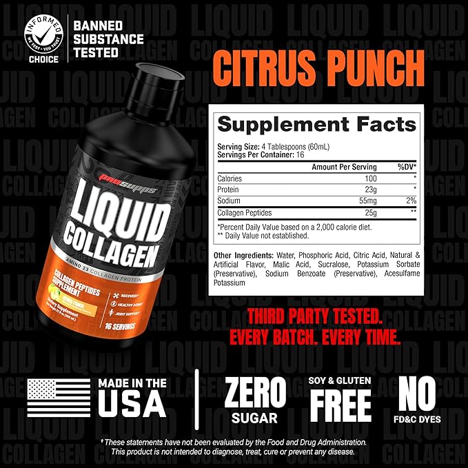 ProSupps Amino23 Liquid Collagen Shots, Citrus Punch - Collagen Peptide Post Workout Supplement Supports Healthy Aging, Joints, Skin & Hair - Gluten-Free & Zero Sugar - 16 Servings