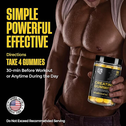 Creatine Monohydrate Gummies for Men and Women, 5g Creatine + L-Theanine for Muscle Growth, Strength, Focus, & Energy, Vegan, Non GMO, Gluten Free (120 Count, 30 Servings)