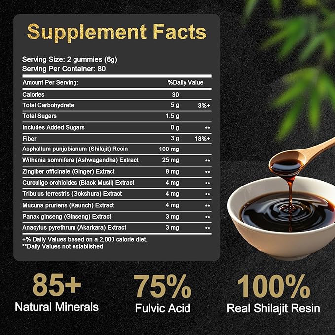 Himalayan Shilajit Gummies for Men & Women - No Added Sugar, 100% Natural & Organic with Ashwagandha, Gokshura, Fulvic Acid & 85+ Trace Minerals, Individually Wrapped, Non-GMO, 80 Gummy I Pouch