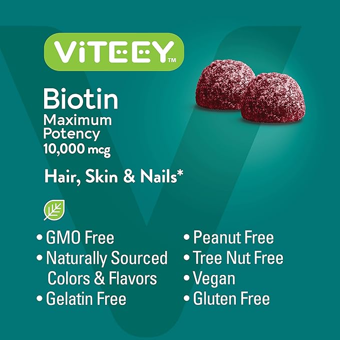Viteey Biotin Gummies for Hair Skin and Nails - Biotin for Hair Growth Gummies - 10,000 mcg - Vegan, Gluten-Free, Non-GMO – 120 Count