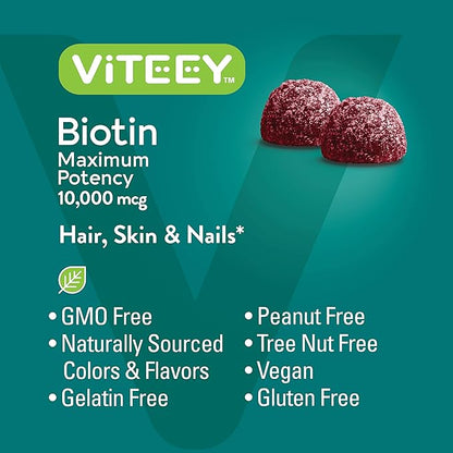 Viteey Biotin Gummies for Hair Skin and Nails - Biotin for Hair Growth Gummies - 10,000 mcg - Vegan, Gluten-Free, Non-GMO – 120 Count