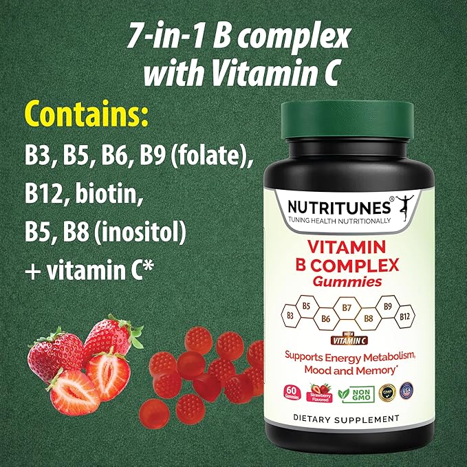 Vitamin B Complex Gummies–High Potency B Complex Vitamins Gummies with Methyl B12, Folate, Biotin & Vitamin C – Non-GMO, Vegan, Gluten-Free – 60 Gummies – Made in USA