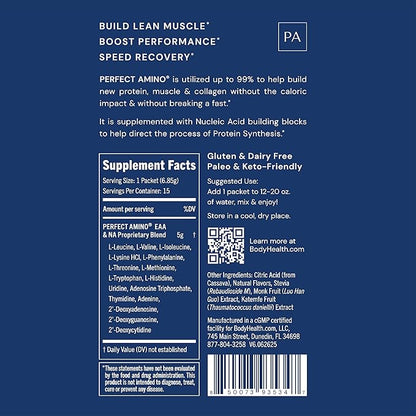 BodyHealth PerfectAmino Powder - BCAA and EAA Powder for Pre and Post Workout - Amino Acid Energy Drink for Men and Women to Support Lean Muscle and Recovery - Lemon Lime - Stick Packs - 15 Servings