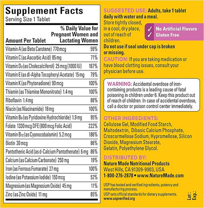 Nature Made Prenatal Multivitamin with Folic Acid, Vitamin & Mineral Supplement, Daily Nutritional Support, Prenatal Vitamins for Women, 250 Tablets, 250 Day Supply