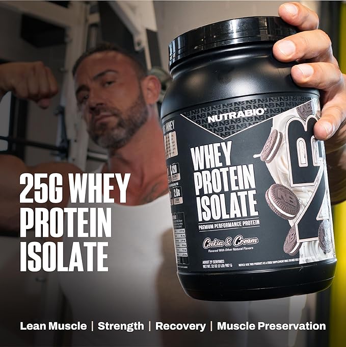 NutraBio 100% Whey Protein Isolate Protein Powder, 25g Protein with Complete Amino Acid Profile, Non-GMO, Soy & Gluten Free, Low Carb, Low Calorie Whey Protein Powder, Cookies & Cream, 2 Lbs