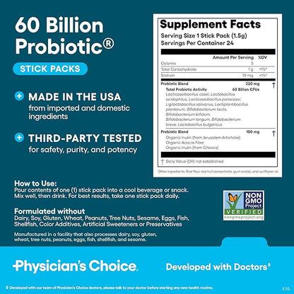 Physician’s Choice 60 Billion CFU Probiotic Stick Packs - 10 Strains + Prebiotics - Immune, Digestive & Gut Health - Supports Occasional Constipation, Diarrhea, Gas & Bloating - for Women & Men - 24CT