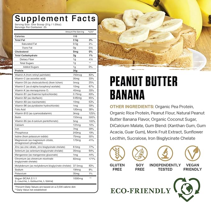 Ambrosia Planta - Plant-Based Protein Powder 20g | Dairy Free Vegan Protein Powder with BCAA Amino Acids | Keto-Friendly, No Added Sugar | 25 Servings |Peanut Butter Banana