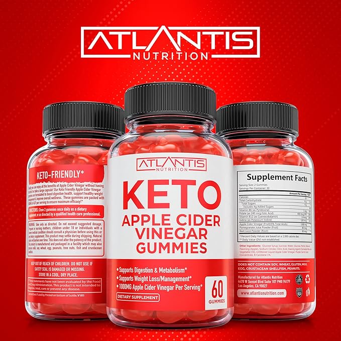 Atlantis Nutrition Keto ACV Gummies for Weight Loss - Apple Cider Vinegar Gummies Formulated to Support Advanced Weight Loss, Digestion, Detox & Cleansing, Made with 1000MG ACV Per Serving - 60 Count