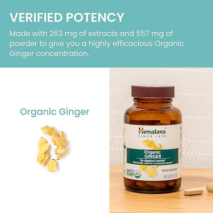 Himalaya Organic Ginger, 60 Day Supply - Digestive Health Supplement for Nausea, Upset Stomach Relief, and Occasional Bloating and Heartburn - USDA Organic, Vegan, Non-GMO, Gluten Free, 60 Caplets