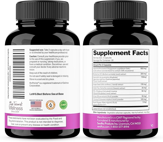Resveratrol with Berberine Supplement For Gut Health Support | 240 Digestive Capsules For Women & Men | With Green Tea Extract, Star Anise, DGL, Grape Seed, Quercetin | Helps Ease Bloating & Digestion