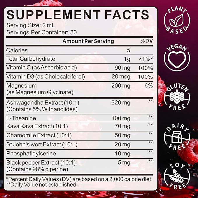 Cortisol Reducer for Women & Men with Magnesium Glycinate, Ashwagandha, L-Theanine - Supports Stress Relief, Sleep & Heart Health, Nerves, Muscles - 2 Fl Oz