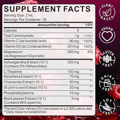 Cortisol Reducer for Women & Men with Magnesium Glycinate, Ashwagandha, L-Theanine - Supports Stress Relief, Sleep & Heart Health, Nerves, Muscles - 2 Fl Oz