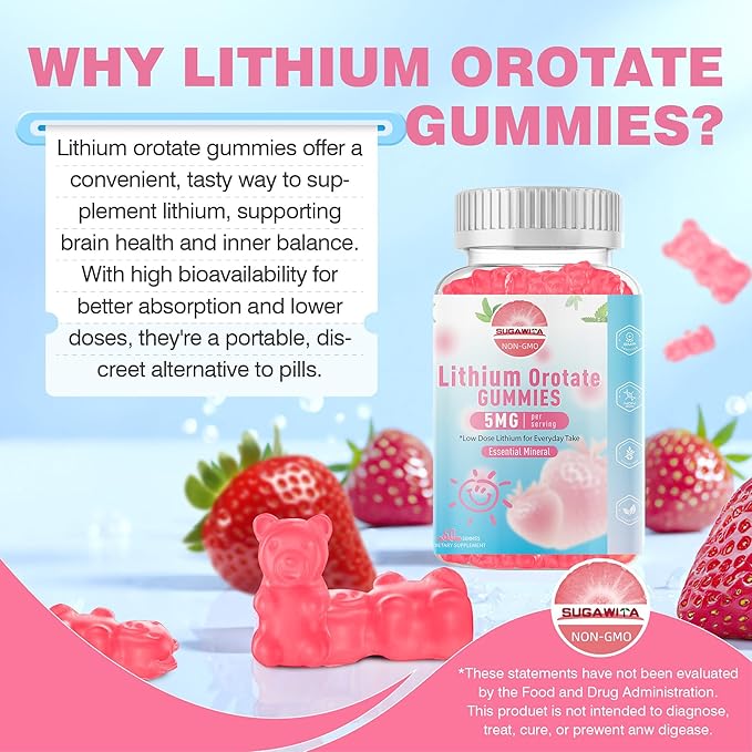 Lithium Orotate 5mg Gummies | Plant-Powered Bioavailable Chewable Lithium Supplement | Support for Daily Tension Balance & Healthy Aging | Non-GMO, Vegan, Gluten-Free | 60 Counts