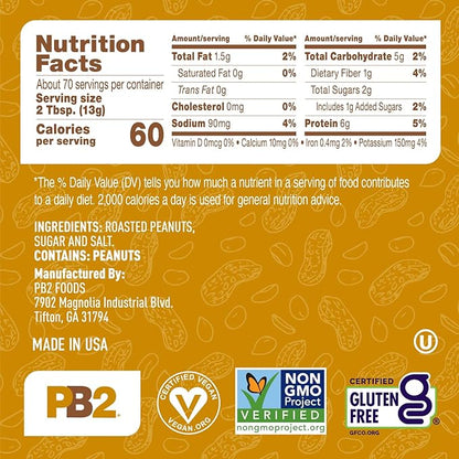 PB2 Original Powdered Peanut Butter - [32 Ounce Jar] 6g of Protein, 90% Less Fat, Certified Gluten Free, Only 60 Calories per Serving, Perfect for Protein Shakes, Smoothies, and Low-Carb, Keto Diets