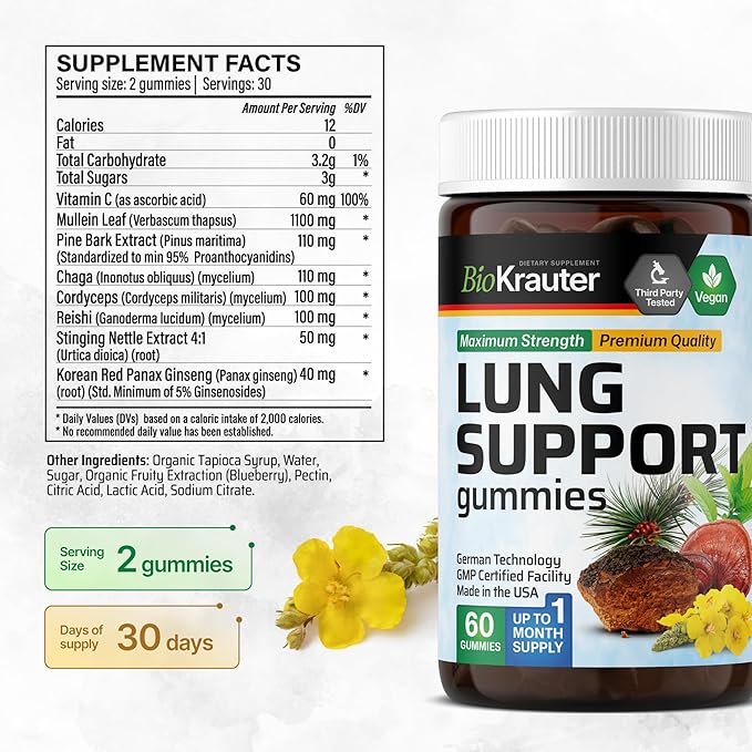 BIO KRAUTER® 8-in-1 Lung Detox for Respiratory Support - Lung Сleanse Gummies Mushroom & Herbal Supplements - 60 Mullein Gummies with Vitamin C, 30 Days of Supply, Blueberry Flavor, Non-GMO