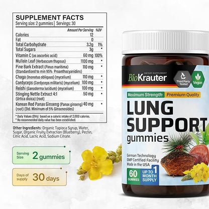 BIO KRAUTER® 8-in-1 Lung Detox for Respiratory Support - Lung Сleanse Gummies Mushroom & Herbal Supplements - 60 Mullein Gummies with Vitamin C, 30 Days of Supply, Blueberry Flavor, Non-GMO
